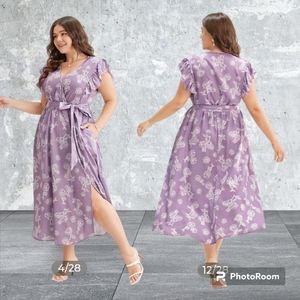 🛑Floral Ruffle Sleeve Pocket Surplice Neck Belted Dress Lilac